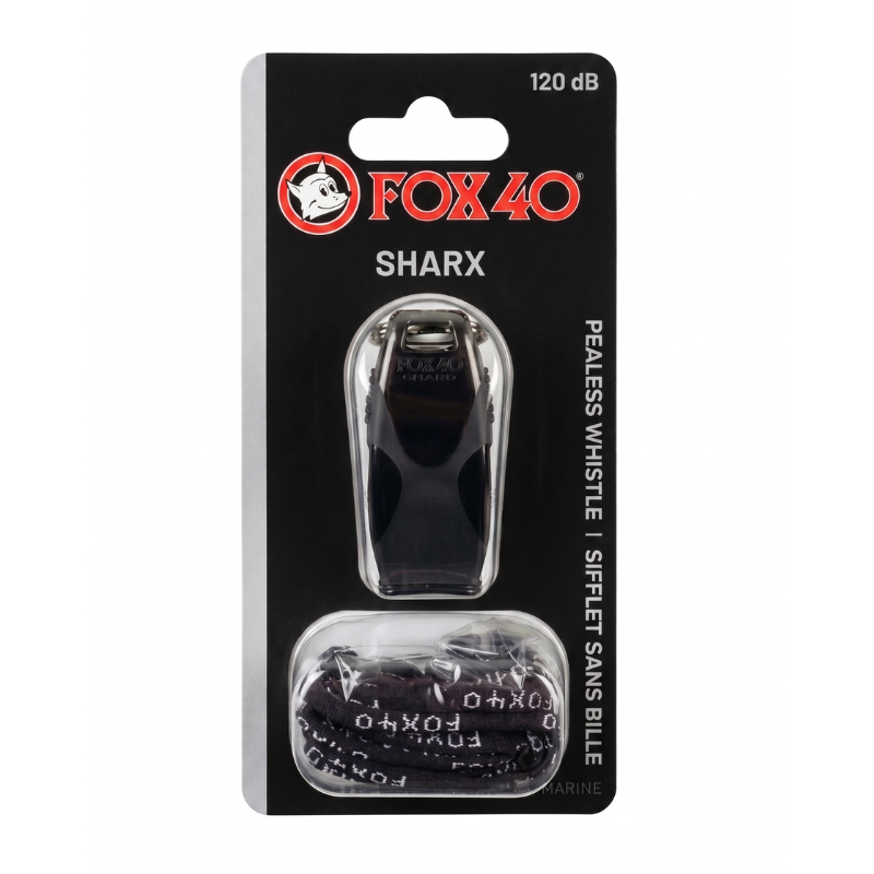 Čierna bezpečnostná píšťalka so šnúrkou na krk na outdoorové a záchranné použitie FOX40 SHARX BLACK/BLACK