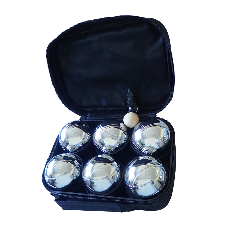 Pétanque set so 6 chrómovanými kovovými guľami, 72 mm, v textilnom puzdre 